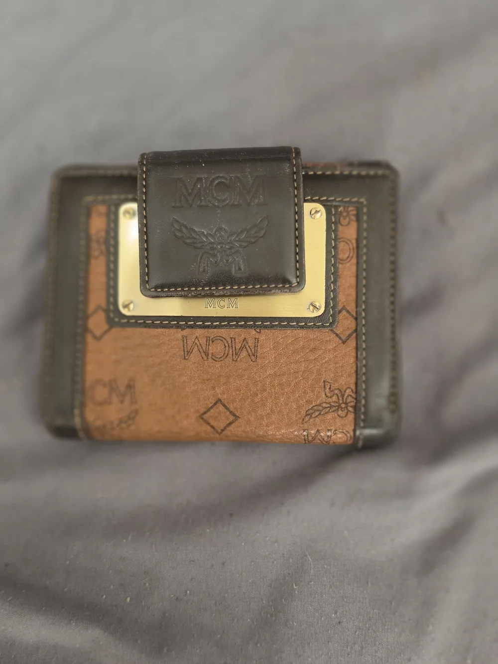 AUTHENTIC MCM Two-Tone Brown Monogram Compact Wallet with Gold Plate - Picture 1 of 11